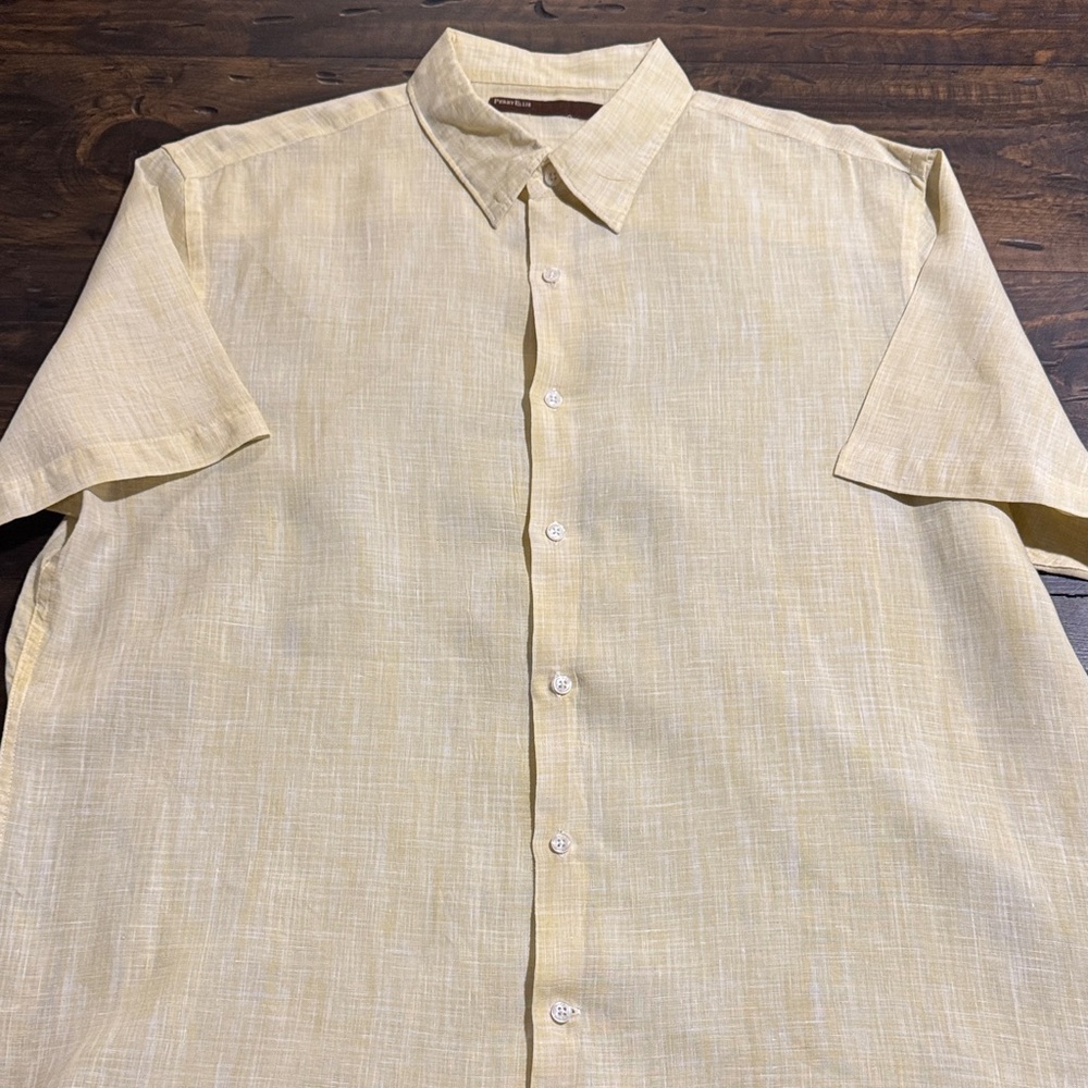 Perry Ellis Pale Yellow Short-Sleeve 100% Linen Button-Down Shirt-XXL